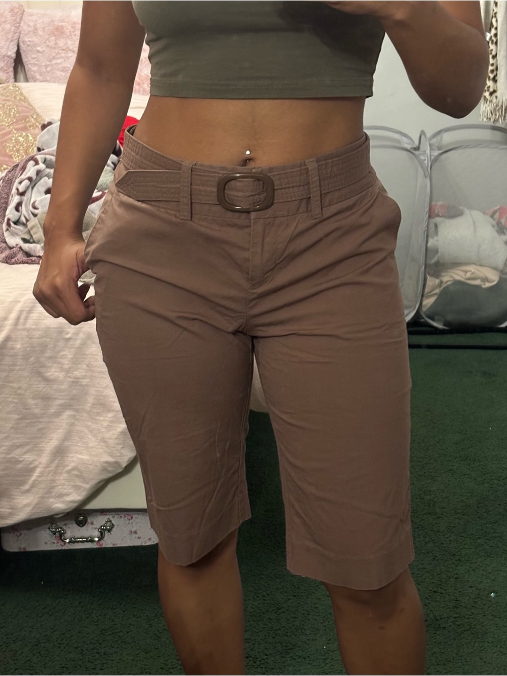 Apostrophe Taupe Brown Belted Bermuda Shorts